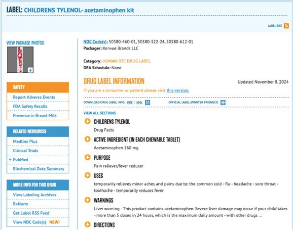 drug label information for Children's Tylenol